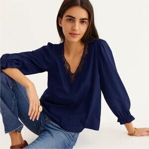 J.Crew Floral Embroidered Eyelet Trim V-Neck Long Sleeve Blouse Navy Size M